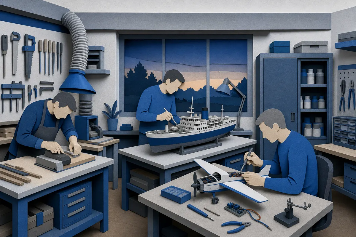 Organisierte Modellbauwerkstatt mit getrennten Arbeitsbereichen für Holz, Elektronik und Montage