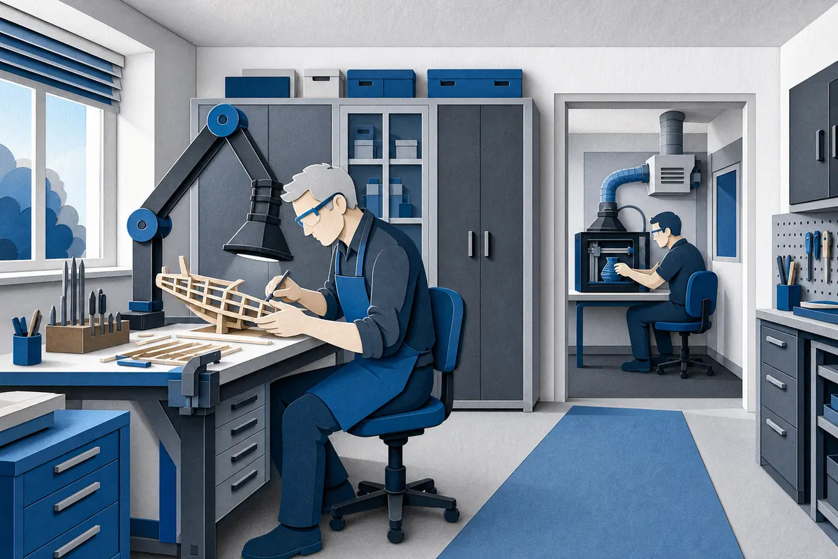 Sicher eingerichtete Modellbauvereinswerkstatt mit getrennten Arbeitsplätzen, Absaugung und 3D-Druckbereich