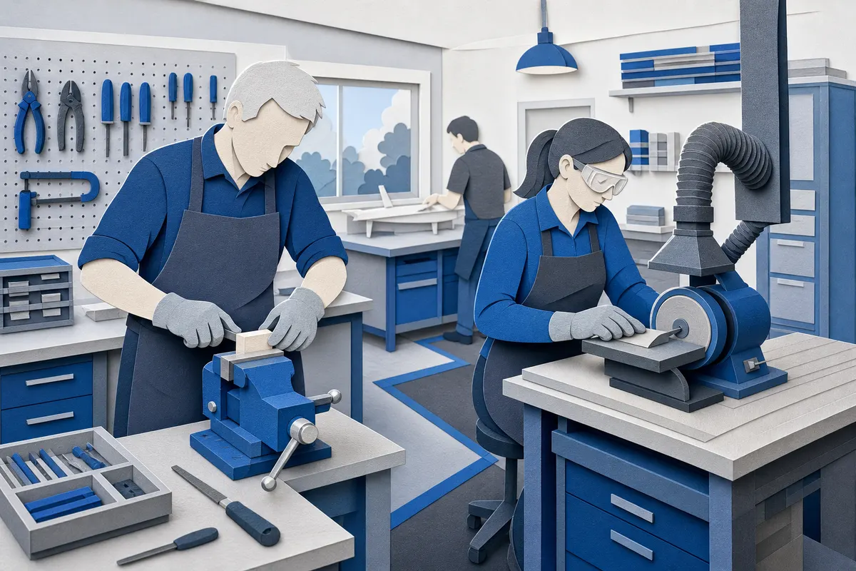 Ordentliche Modellbauwerkstatt mit sicheren Arbeitsplätzen, Schutzbrille und sortierten Werkzeugen