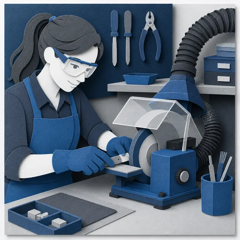 Sicheres Schleifen eines eingespannten Werkstücks mit Schutzbrille und Absaugung