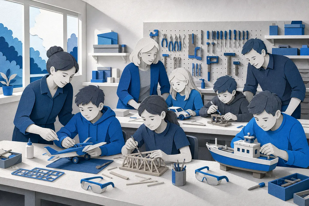 Schülerinnen und Schüler bauen gemeinsam mit Vereinsmitgliedern Modelle in einer sicheren Schulwerkstatt