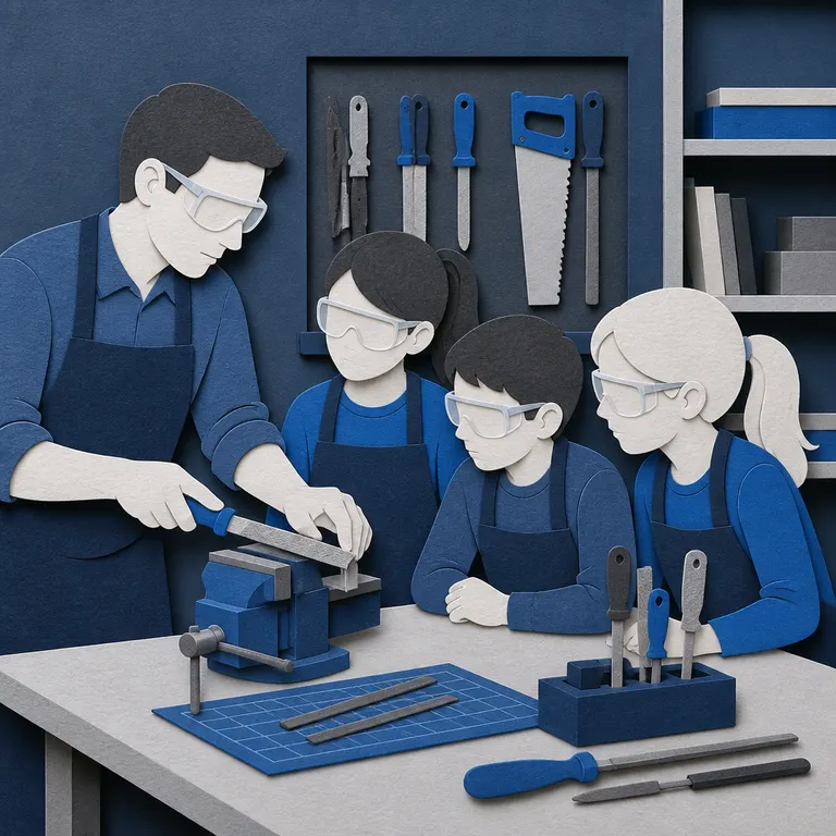 Betreuungsperson weist Schülerinnen und Schüler in sichere Werkstattarbeit ein