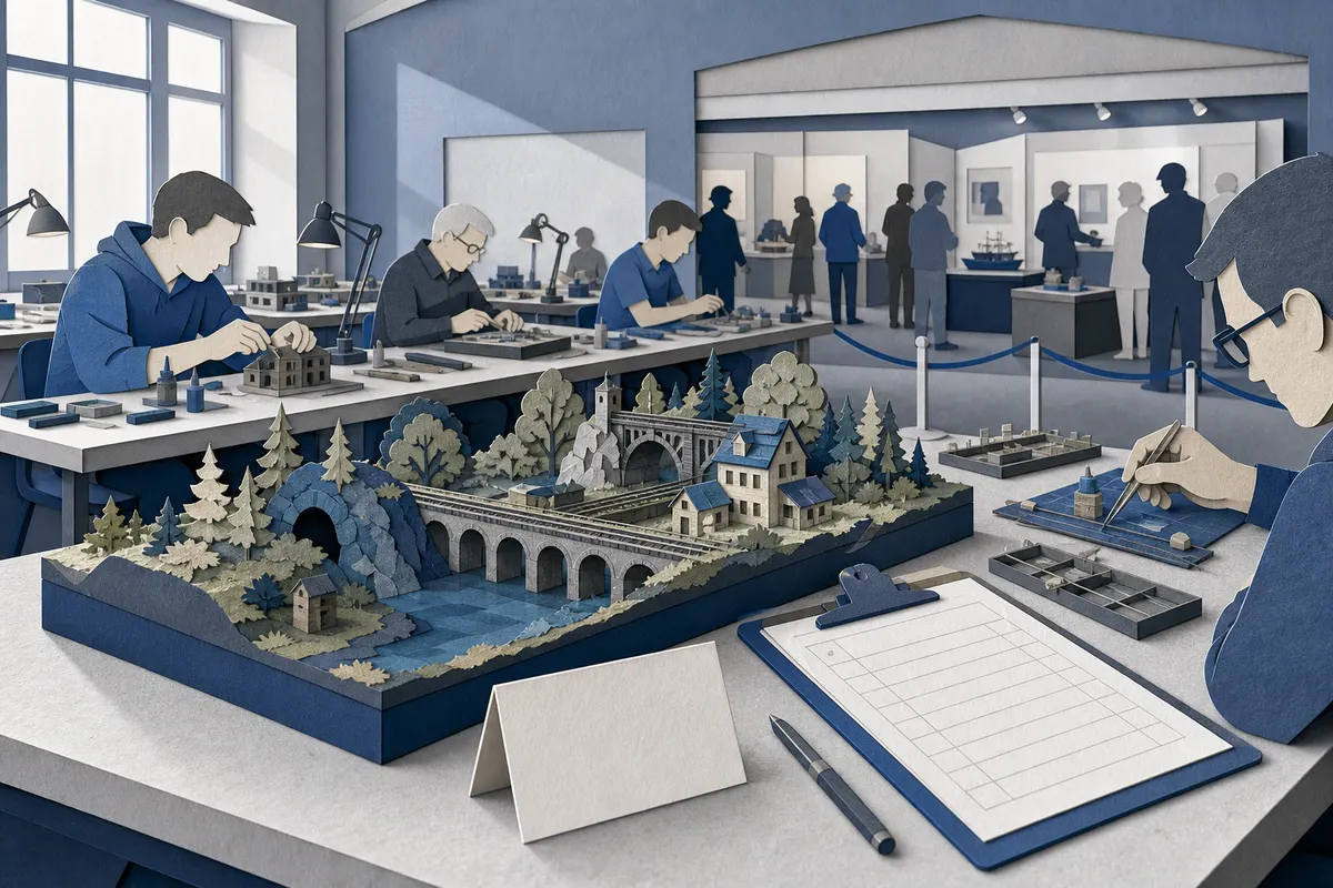 Modellbauer organisieren einen Vereinswettbewerb mit Diorama, Bewertungsbogen und Ausstellungstischen