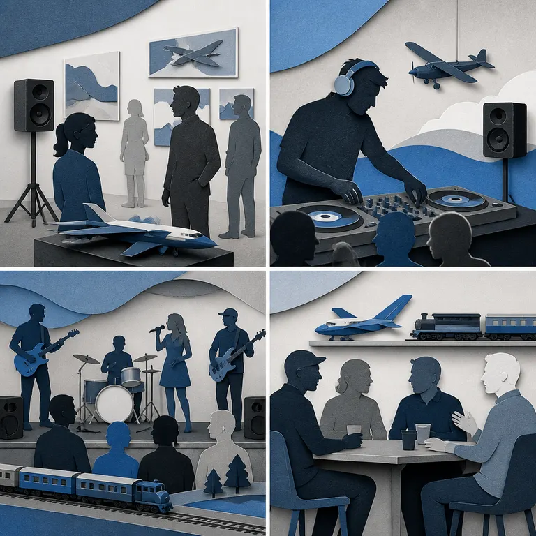 Vier typische Musiknutzungen im Modellbauverein: Ausstellung, DJ, Livemusik und interner Termin