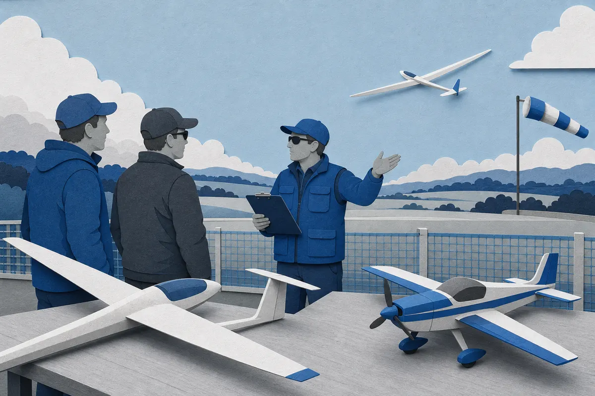 Flugleiter bespricht den Modellflugbetrieb mit zwei Piloten am Vereinsgelände