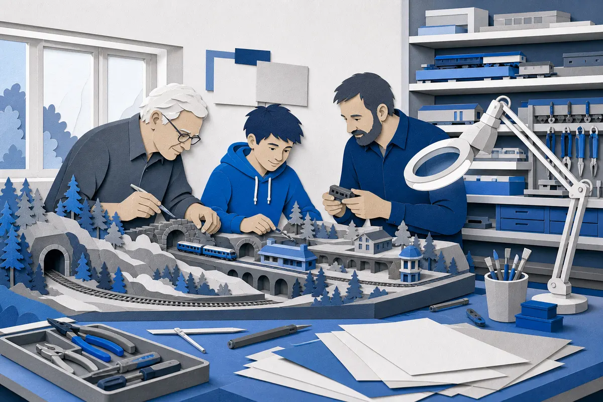 Drei Vereinsmitglieder bauen gemeinsam an einer Modellbahnanlage in einer ausgestatteten Werkstatt